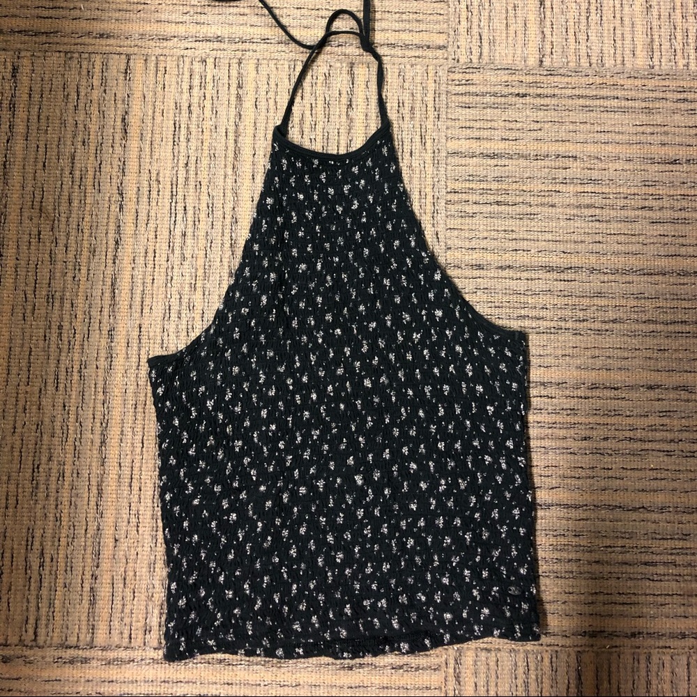 Black Floral Print Halter Tie Tank-top